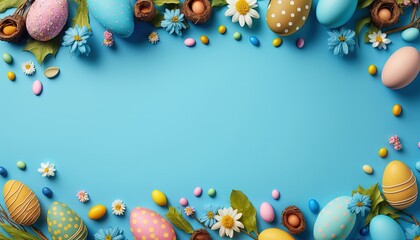Naklejka na ściany i meble an overhead view of a blue background with easter eggs and daisies on the bottom of the image and a daisy on the bottom of the image. generative ai