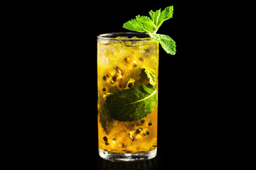passion fruit mojito, rum drink, passion fruit, with mint, summer drink served chilled, isolated...
