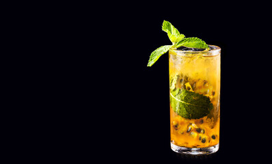 passion fruit mojito, rum drink, passion fruit, with mint, summer drink served chilled, isolated...