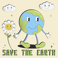 Retro groovy cartoon style earth planet.Earth Day.Save the Earth.Concept of World Environment Day in y2k style.Cartoon cute earth planet character. World Environment Day.