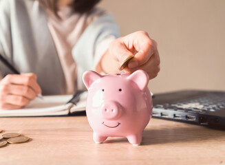 Obraz na płótnie Canvas Girl is making calculations, puts savings in a piggy bank.