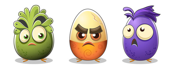 Emoji set three monsters egg with emotion horror anger surprise, egg-headed aliens, painted eggs