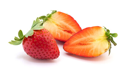 Whole strawberry and cut in half strawberries on a white isolated background