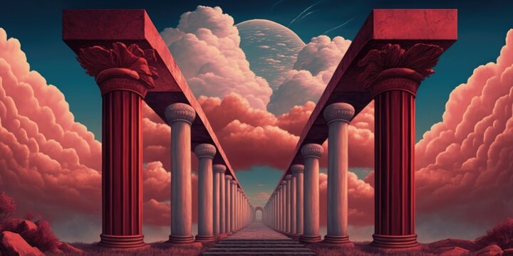 Bridge of stone pillars leading to cloudy kingdom of Valhalla, only righteous souls fallen in battle may enter this realm - generative AI.