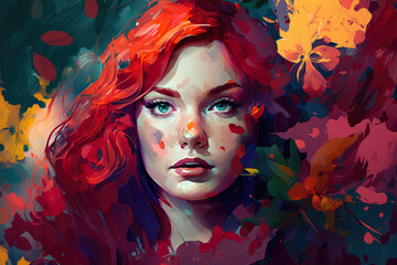 Abstract portrait of a Beautiful Woman with Red Hair and a Bold Floral Dress, generative ai