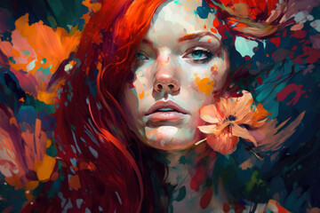 Abstract portrait of a Beautiful Woman with Red Hair and a Bold Floral Dress, generative ai