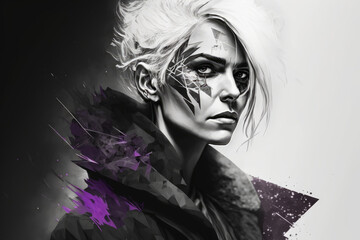 Abstract portrait of a woman with silver hair, piercing purple eyes, and an asymmetrical outfit in black and white, generative ai