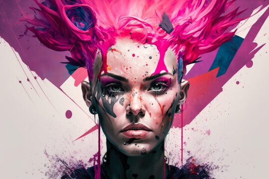 Abstract Portrait Of A Woman With Pink Hair And Multiple Piercings, Generative Ai