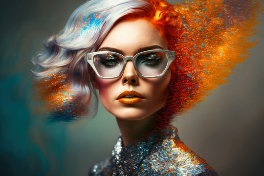 Abstract portrait young woman with multicolored hair, wearing a silver sequined dress and oversized sunglasses, generative ai