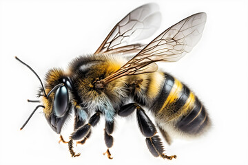 A stunning bee is flying, isolated on white background, macro generative ai - obrazy, fototapety, plakaty