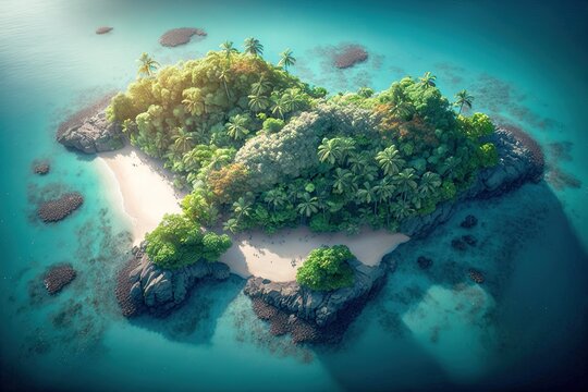 beautiful small tropical island aerial view surrounded by ocean, generative AI