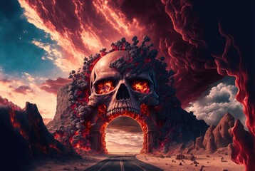 Road to hell through evil demonic skull gate entrance, infernal underworld of suffering and pain awaits the unrighteous souls, fiery burning flame fire storm of sheol - generative AI. - obrazy, fototapety, plakaty