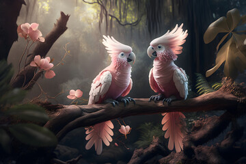 Full-body photography of two pink cockatoos sitting on a branch in rainforest generative ai