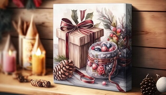  a painting of a christmas present on a mantle with candles and decorations around it and a pine cone and pine cone on the side of the picture.  generative ai