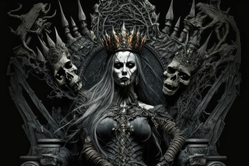 Dark queen of the underworld on a throne of bones, generative ai - obrazy, fototapety, plakaty