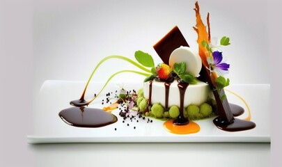  a white plate topped with a cake covered in chocolate sauce and fruit slices and garnished with leaves and flowers on top of it.  generative ai