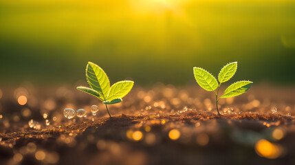 The first young green little sprouts of plants in the dew grow from the ground at dawn in the sunlight on a spring morning. Close up, macro. The concept of the origin of life. Generative AI.