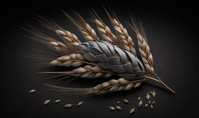  a close up of a bunch of wheat on a black background with grains scattered around it and a single stalk of wheat in the foreground.  generative ai