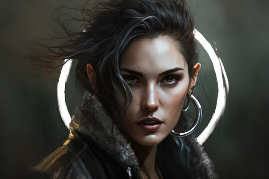 Edgy Abstract Portrait Of A Fierce Brunette In A Leather Jacket And Silver Hoop Earrings, Generative Ai