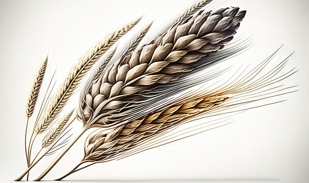  two stalks of wheat on a white background with a light reflection on the surface of the image and the image of the grain is in the foreground.  generative ai