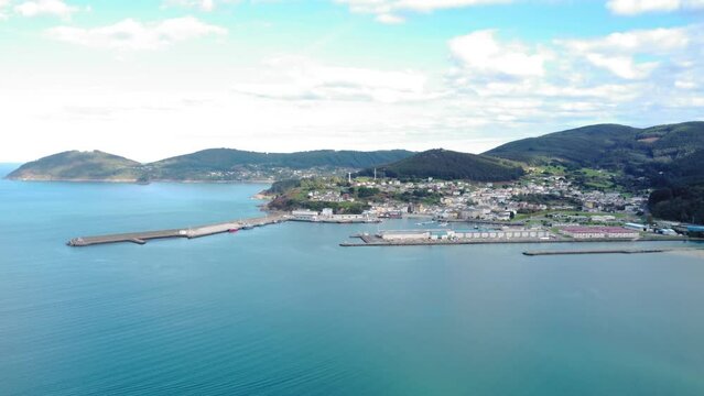 Viveiro - Galicia - Spain. Aerial view the city with the bay area. Beautiful landscape with mountains and Atlantic Ocean. Situated in Northwest of Spain, in Lugo province. Travel destination.