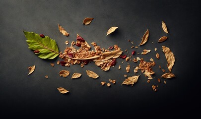  a pile of leaves and granola on a black surface with a green leaf laying on top of it and scattered on the ground next to the granola.  generative ai