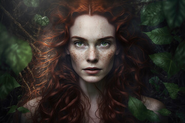 Enigmatic Woman with Cascading Auburn Hair and Glistening Eyes in a Forest, generative ai