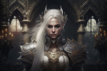 Fantasy warrior queen with white hair and intricate armor standing in front of a dark castle, generative ai - obrazy, fototapety, plakaty
