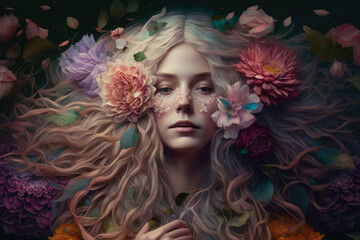 Naklejka premium Flower Fairy surreal portrait of a woman with a flower crown and a dress made of blooming flowers, generative ai