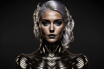 Futuristic portrait of a woman with metallic silver hair wearing a black bodysuit, generative ai