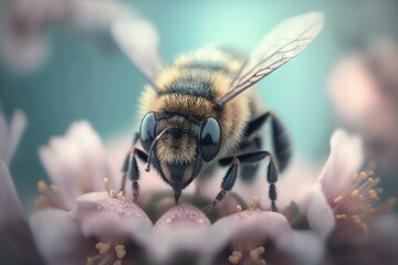 Spring time: Bee on the cherry blossom with gentle blurred background
