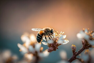 Spring time: Bee on the cherry blossom with gentle blurred background