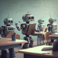 Fototapeta premium Robots learning in a classroom in school