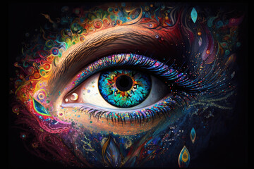 Goddess of the Multiverse in psychedelic eye art, generative ai
