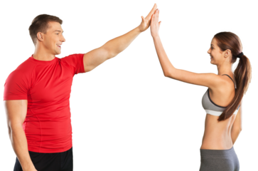 Happy caucasian couple man woman personal trainer exercising
