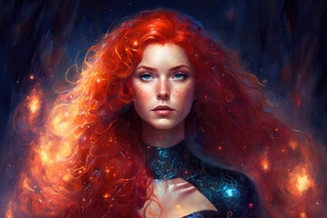 Intergalactic princess with a fiery red hair and a mesmerizing galaxy dress, generative ai