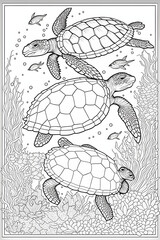 border of coloring in book outline exploding turtles in a japanese style