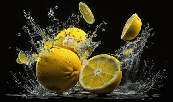 a bunch of lemons are splashing into the water with their tops still on the water and the whole lemons are in the air.  generative ai