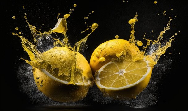  a couple of lemons that are in the air with water splashing on them and one of them is cut in half and the other half.  generative ai