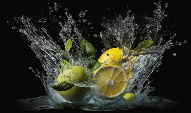  a splash of water with lemons and limes on a black background with a splash of water on the top of the image and the image.  generative ai