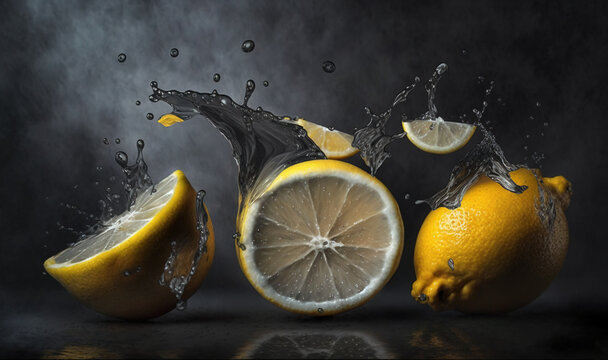  a group of lemons with water splashing out of the top and one cut in half on a black background with a black background.  generative ai