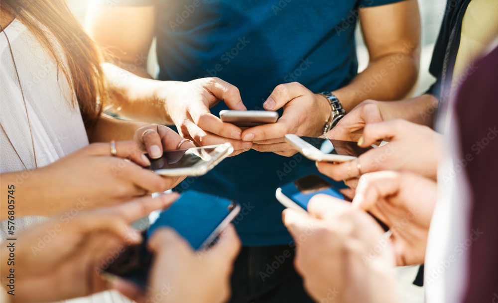 Aufkleber lets get connected. shot of unrecognizable people using smartphones outside.