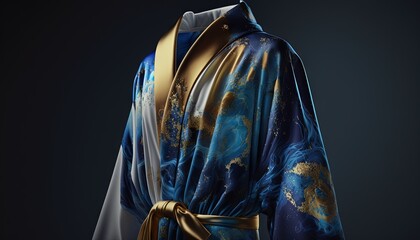  a robe that has a gold and blue design on the front of it, and a gold and blue design on the back of it.  generative ai