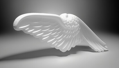  a white sculpture of an angel wings on a gray background with a shadow on the ground and a black background with a white background and gray background.  generative ai