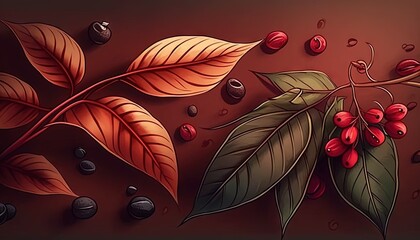  a painting of leaves and berries on a brown background with drops of water on the leaves and the berries on the branch with drops of water on the leaves.  generative ai