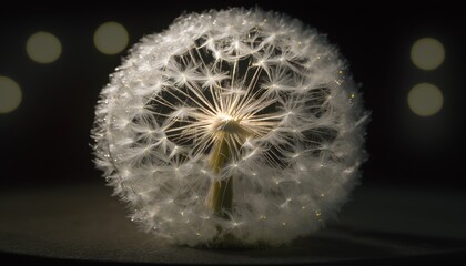  a close up of a dandelion on a black background with a blurry light behind it and a black background with a few white dots.  generative ai