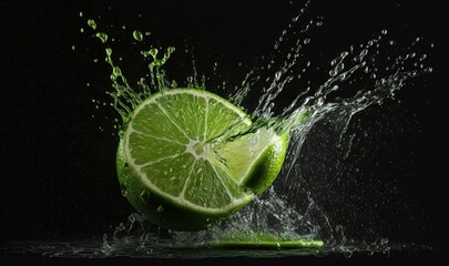 Fototapeta na wymiar a lime is being splashed with water on a black background with a splash of water on the top of the lime and the bottom half of the lime is in the water. generative ai