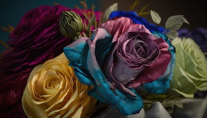  a bouquet of colorful flowers sitting on top of a silver cloth covered table cloth with a blue ribbon around the center of the bouquet,.  generative ai