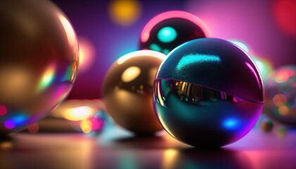  a group of shiny balls sitting on top of a table next to each other on a tablecloth covered tablecloth covered with lights and a purple background.  generative ai