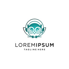 illustration of an owl wearing a headset with gradient color for modern technology education business podcast logo design